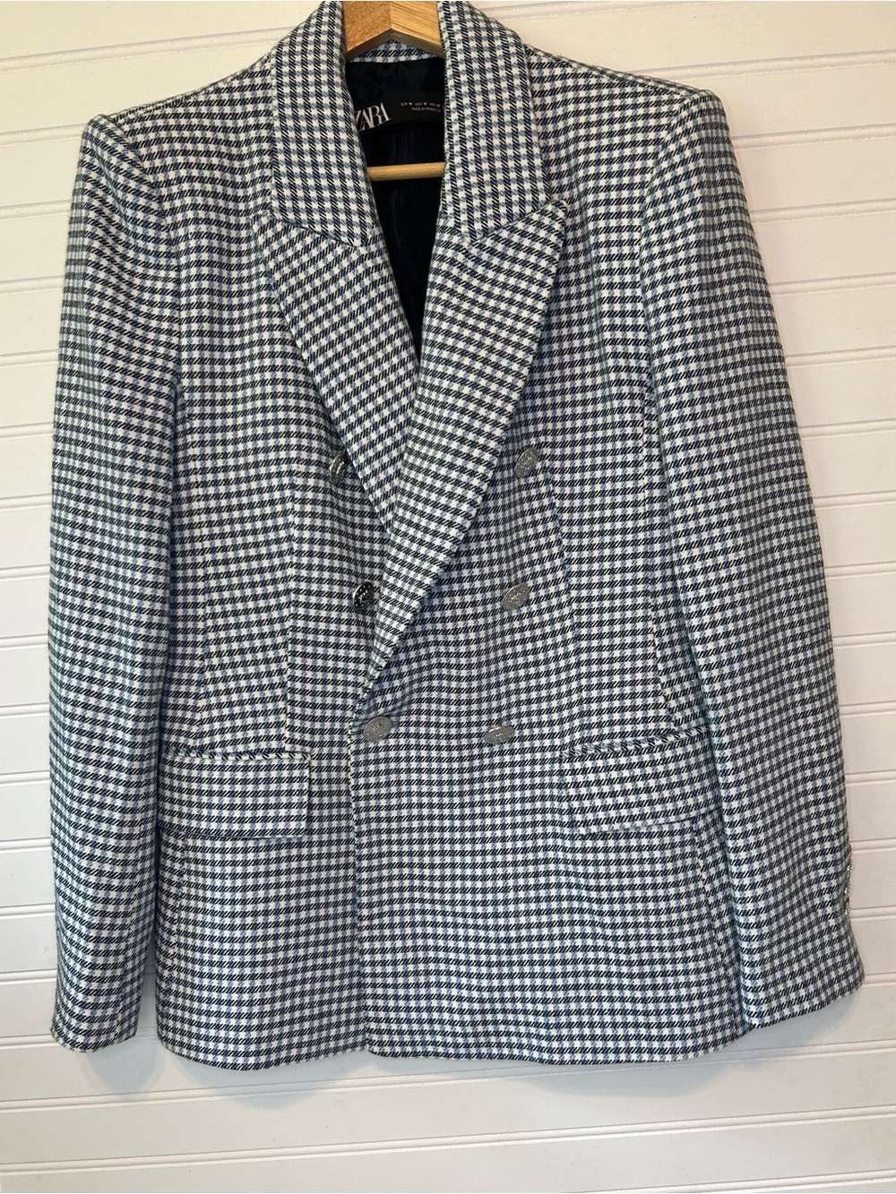 Zara Navy Blue & Ecru Houndstooth Double-Breasted Blazer Size Medium - Picture 3 of 5